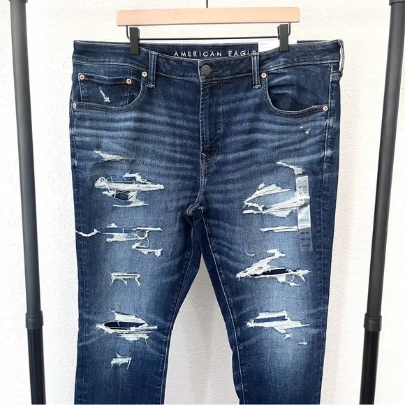 NEW American Eagle AirFlex+ Ultrasoft Skinny Ripped Dark Wash Jean Men’s 40x30 - Picture 3 of 9